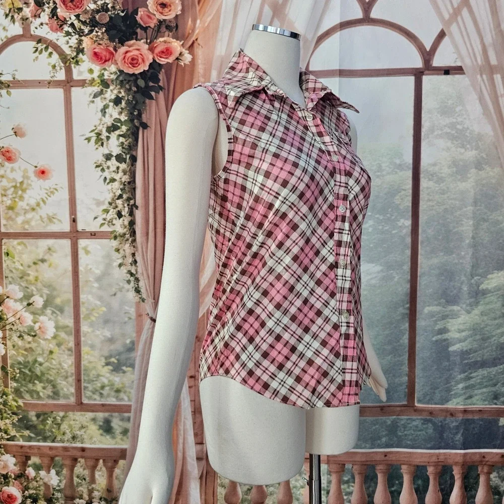 Vintage 1970s Pink Brown Plaid Sleeveless Button Down Shirt Pointed Collar - Picture 5 of 10